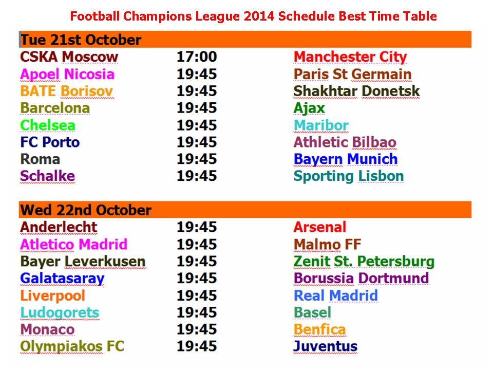 champions league time table