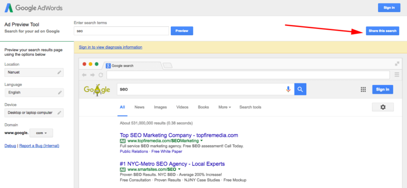 share this search google adwords preview
