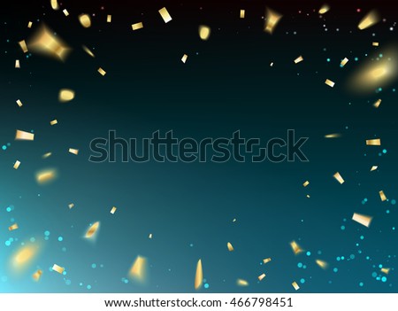 Golden confetti over deep blue space background.