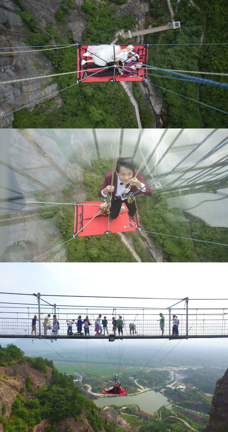 win Chinese couple marries in a hammock suspended 180 meters up at Shiniuzhai National Geopark