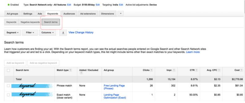 AdWords Search terms report