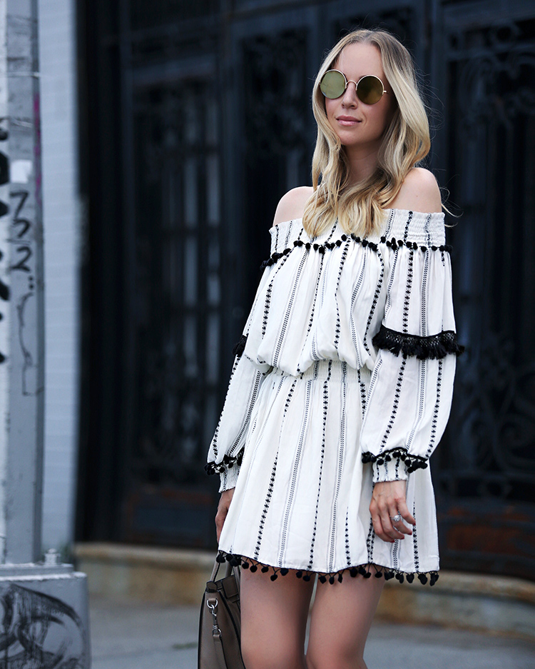 off the shoulder dress and sunday somewhere sunglasses