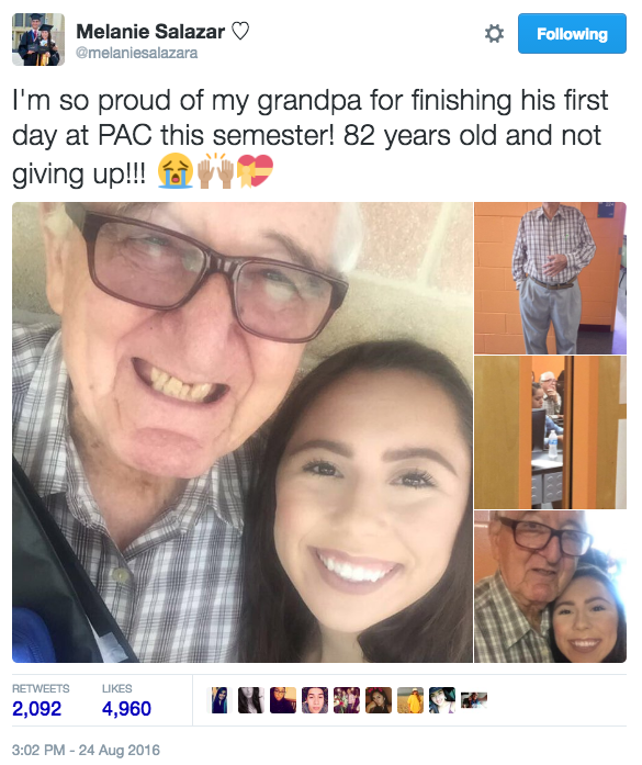 The two caught people's attention after Salazar tweeted about her grandpa's accomplishment on their first day of class on Wednesday.
