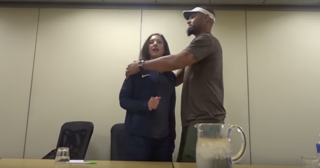 "Six months suspension, no pay," Solo is seen telling her husband, Jerramy Stevens, as she enters the room after learning her fate. "Effective immediately," she adds, as Stevens comforts her.