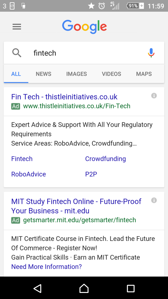 A mobile screenshot showing a Google search for 'fintech', with two paid ads taking up the whole screen.