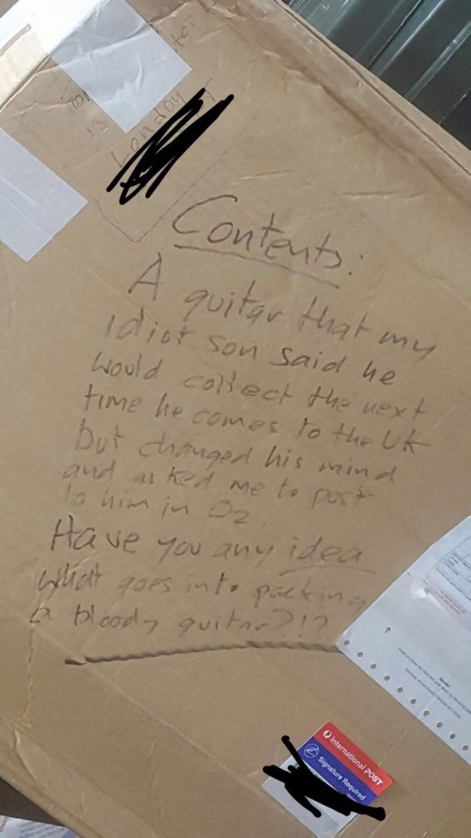 funny parenting image father mails son's guitar with an angry note on it