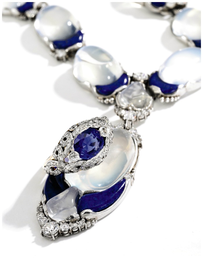 A sapphire and diamond ring, circa 1905, and a lapis and moonstone necklace, circa 1915. Both By Tiffany & Co. 