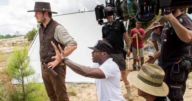 Chris Pratt and director Antoine Fuqua on the set of Metro-Goldwyn-Mayer Pictures and Columbia Pictures' THE MAGNIFICENT SEVEN.