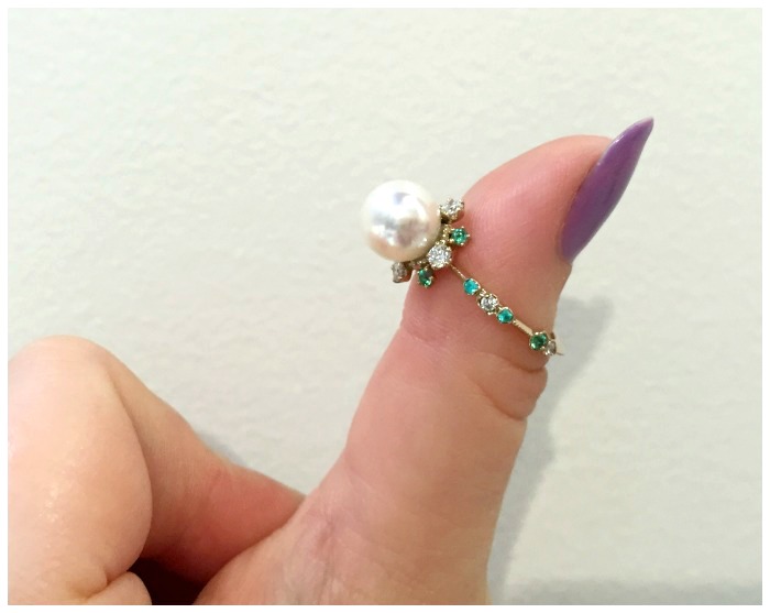 A beautiful pearl ring by Kataoka jewelry. Pearl with diamonds, emeralds, and Paraiba tourmalines.