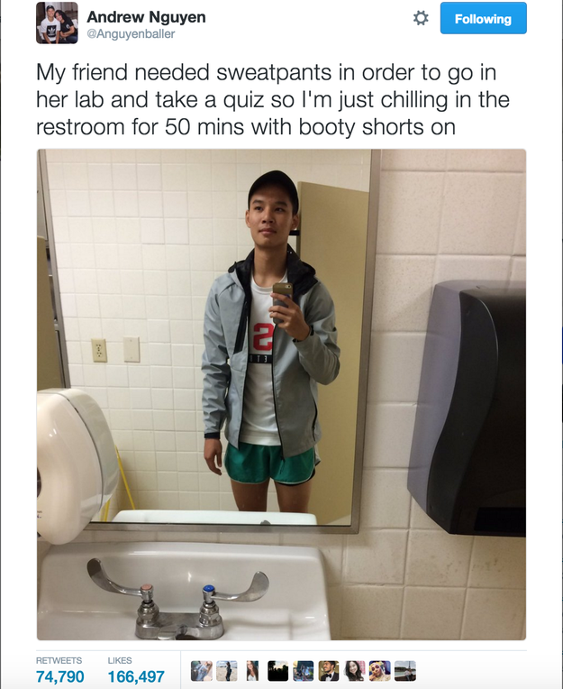 This photo was posted by 18-year-old Andrew Nguyen. He’s from Arlington, Texas, and goes to The University of Texas at Arlington. His friend Diana Le and him had to trade pants so she could go to class.