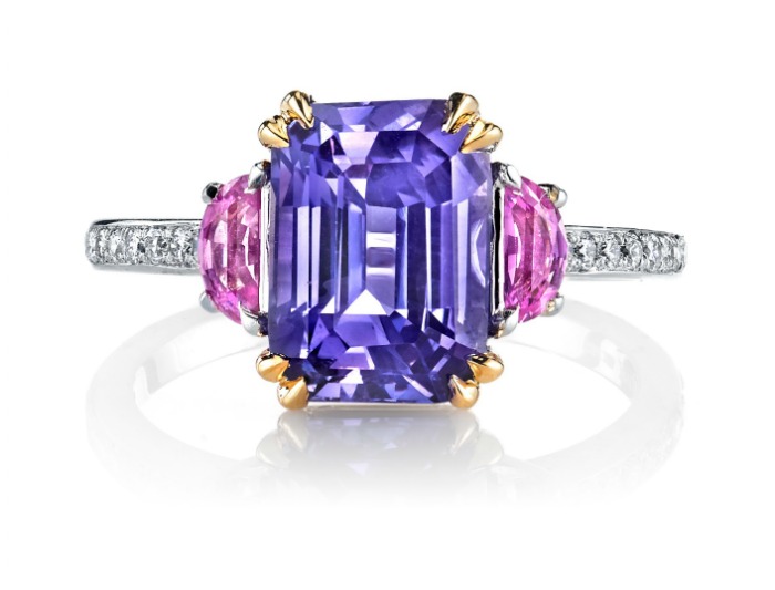 The Monaco ring by Omi Prive; featuring a 4.01 carat emerald cut lavender sapphire with pink sapphires and diamonds in white and rose gold. I love Omi Prive rings.