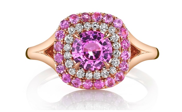 A pretty in pink ring from Omi Prive, featuring a pink sapphire surrounded by pink sapphire and diamond haloes in rose gold. A great alternative to pink diamonds.