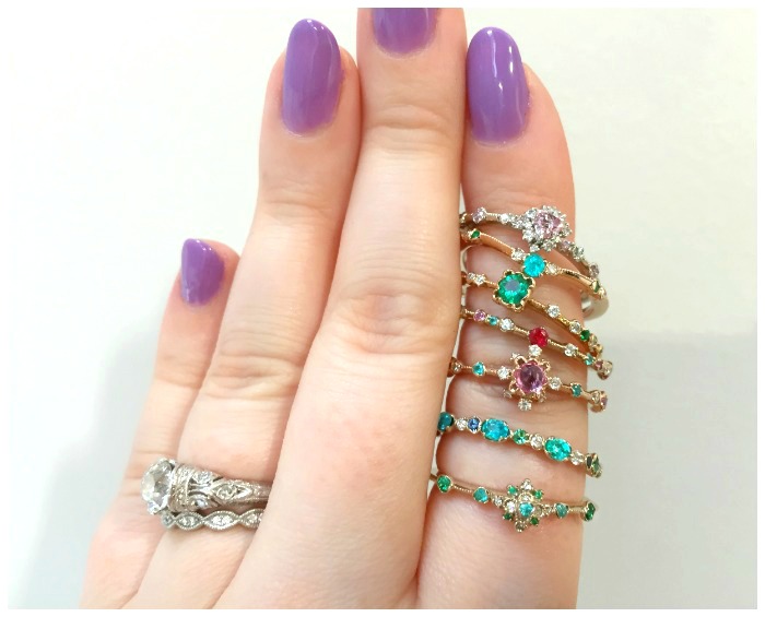 A stack of beautiful gemstone and diamond rings by Japanese designer Kataoka.