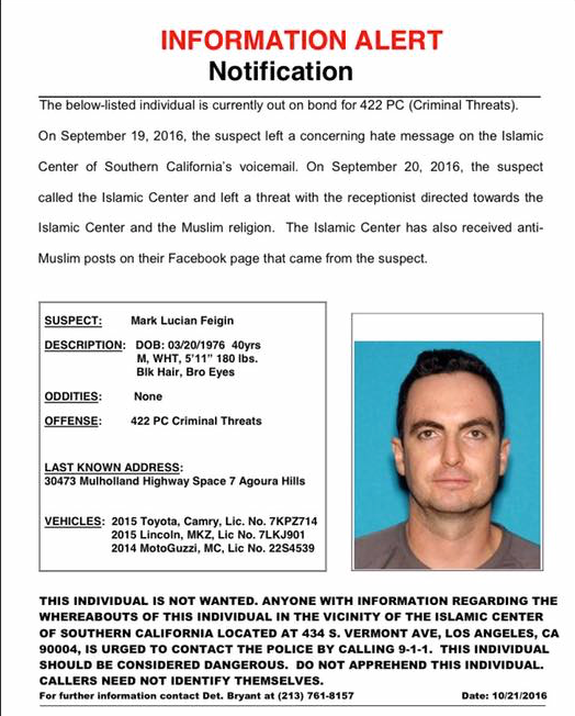 The profile picture of the Twitter account @mfeigin, which lists the name Milosz Feigin, resembles the mugshot released of the 40-year-old-man arrested by the LAPD on Oct. 19.