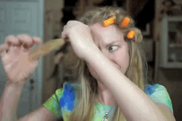 Starting with slightly damp hair, she rolled tiny sections onto the Cheetos and held them in place with bobby pins.
