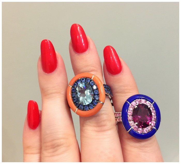 Two incredible rings by Carlo Barberis. These two remarkable pieces have carved hardstone halos.