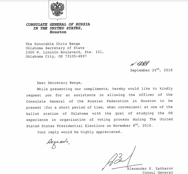 In an apparent act of political trolling, the Russian Consulate General in Houston sought permission in August to have its officers present at ballot stations for the purpose of "studying the US experience in organization of voting process" on election day.
