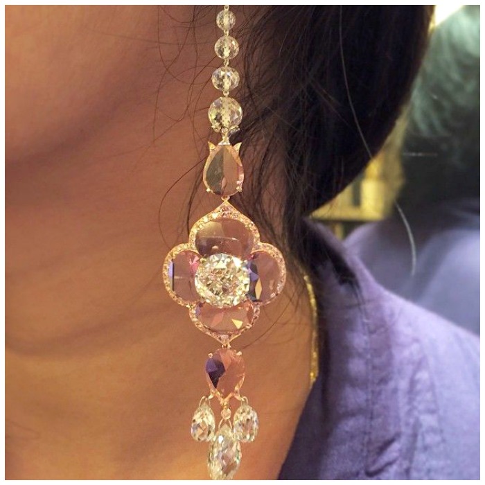 Viren Bhagat earrings with old european and briolette-cut diamonds (23.98 carats total) and pink spinel (14.39 carats).