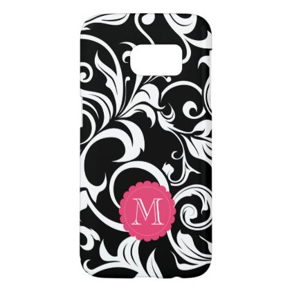 Cute Black Pink Floral Wallpaper Swirl Monogram Samsung Galaxy S7 Case