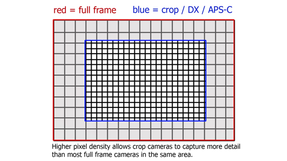 The greater pixel density of crop cameras