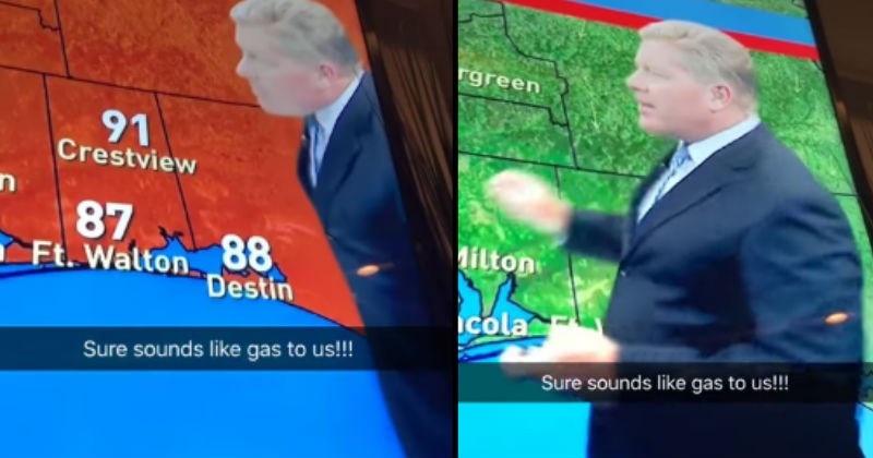 Video of weatherman passing gas during a live news broadcast.