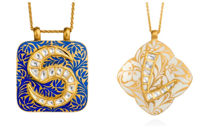 Two pendants from Agaro Jewels' Roya Collection, shown in the Lapis Maze and Jasmine Garden color schemes.