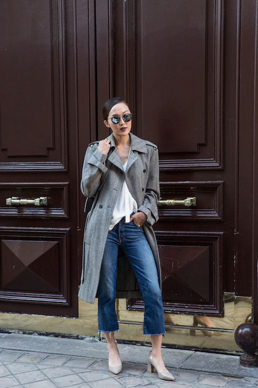 Le Fashion Blog Round Sunglasses Grey Long Coat White Blouse Cropped Denim Grey Block Heel Via The Chriselle Factor 