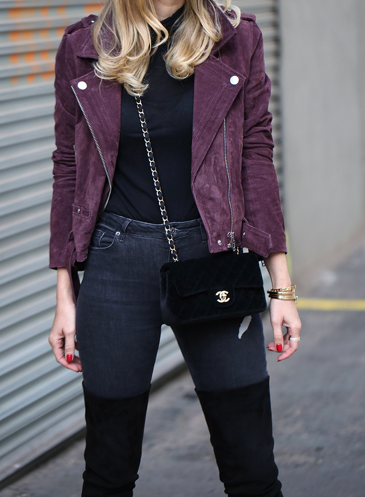 Burgundy Suede Moto and Velvet Chanel Bag | Helena of Brooklyn Blonde