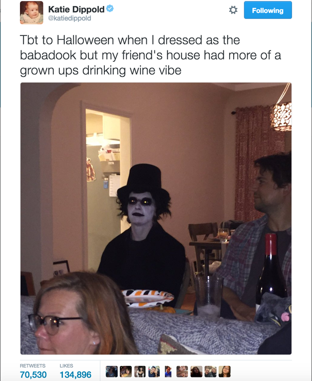OK, so in June, screenwriter Katie Dippold tweeted a tbt about when she accidentally showed up to a party dressed like the Babadook. The tweet's been retweeted over 70,000 times. It's pretty much the best thing ever.