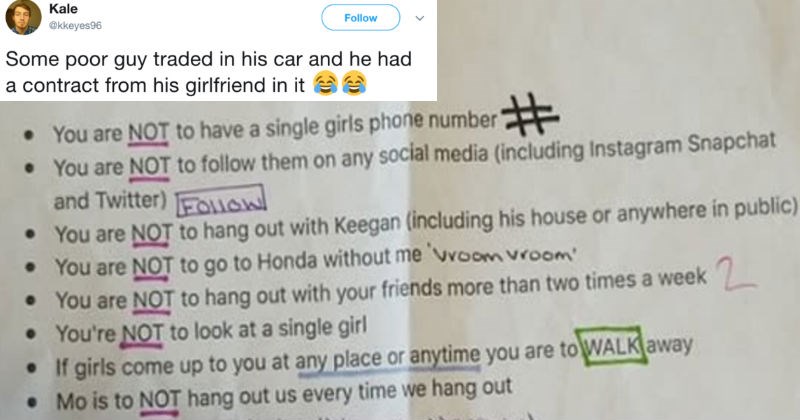 Girl's boyfriend's crazy relationship rules contract is going viral because it's absolutely crazy.