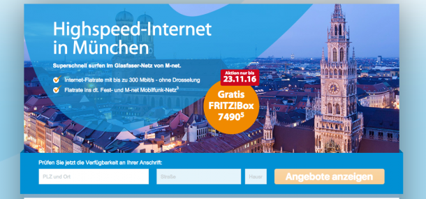 Der Internetanbieter M-net.de aus München holt Münchner Nutzer über eine spezielle Landingpage ab. Hier entsteht das „wir“-Gefühl durch die angepasste Bildwelt. 