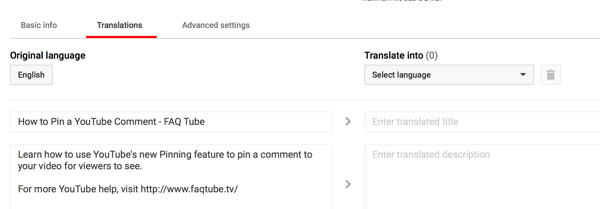 On the Translations tab for your YouTube video, enter a translated title and description.