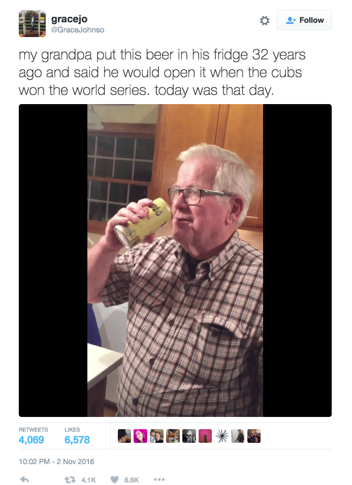 Grandfather Opens 32-Year-Old Beer After Cubs Win the World Series