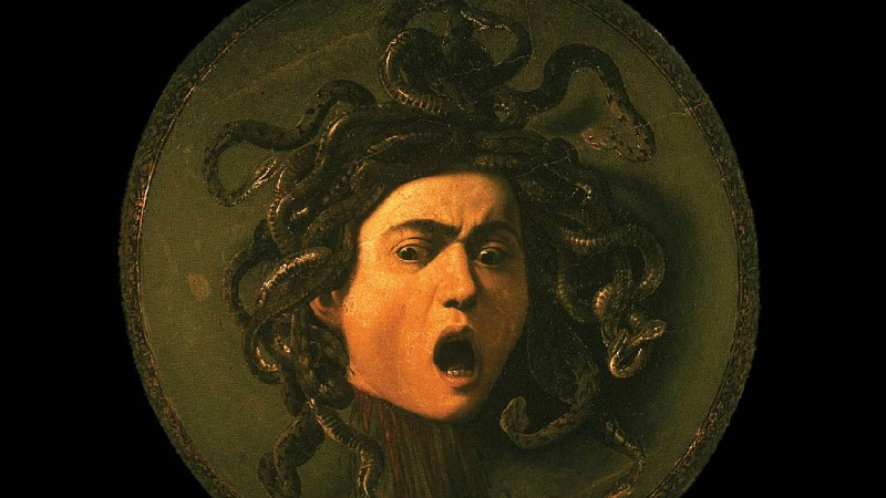 The Gorgon Medusa had snakes in place of hair. Eek! Via Wikimedia and Caravaggio
