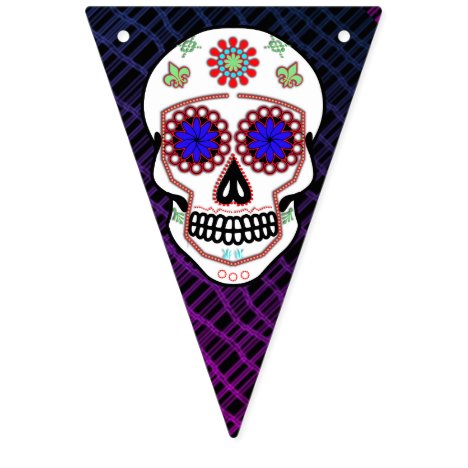 Sugar Skull With Blue Eyes and Green Fleur de Lis Bunting Flags