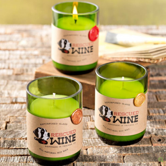Soy candles made from wine bottles where proceeds go to non-profit animal rescue groups.