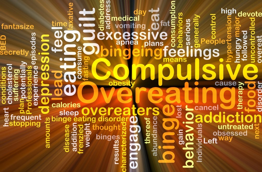 Background concept wordcloud illustration of compulsive overeating glowing light