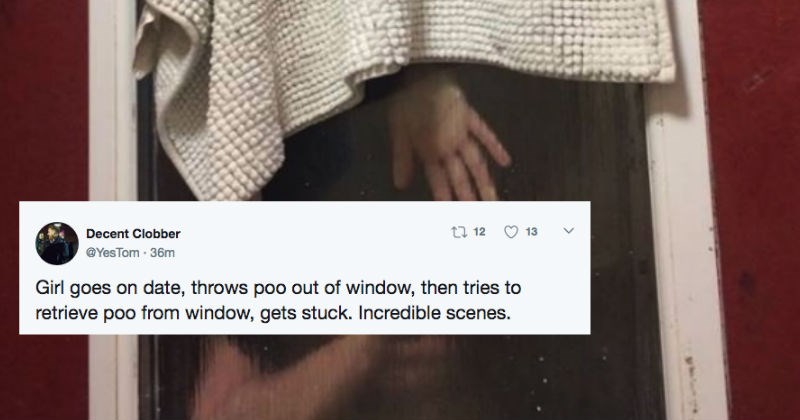 Tinder date ends with girl getting stuck trying to retrieve a poo bag from the window gap.