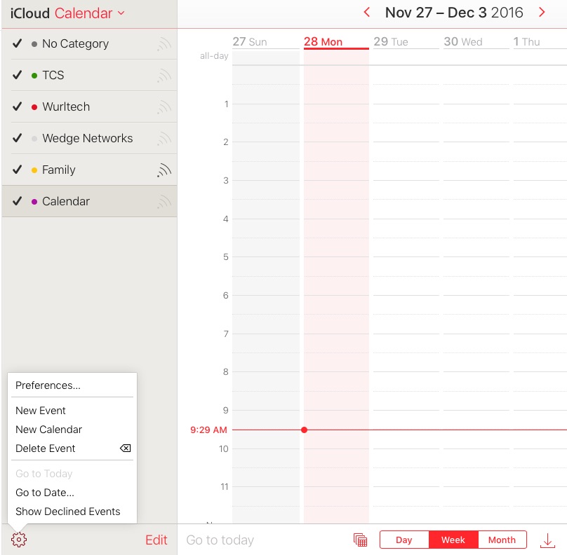 The pop-up menu on the iCloud Calendar Web view, Pick "Preferences."