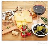 Herdabdeckplatte / Spritzschutz aus Glas, 2-teilig, 60x52cm, für Ceran- und Induktionsherde, Genuss am Abend - Rotwein, Käseplatte, Oliven und Tomaten