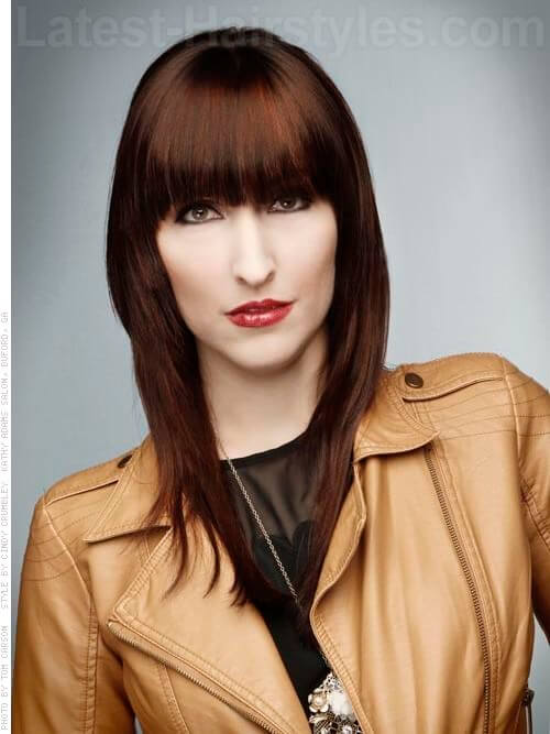 Strong Bangs Brunette Thinning with Reddish Highlights