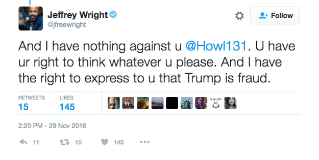 Wright tweeted that he had nothing against Howlman, but that he had a right to express Trump was a fraud.