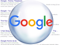An image of a bubble with the Google logo on it, superimposed onto a page of Google search results.
