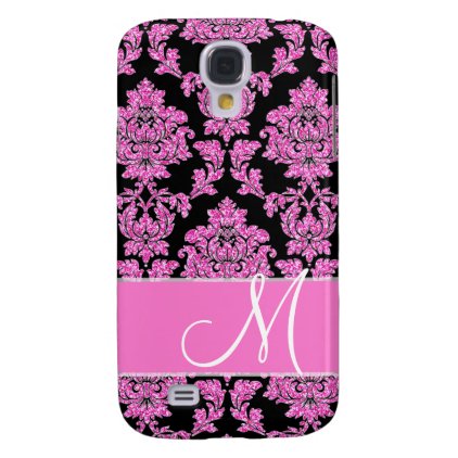 Hot pink glitter damask pattern on black, Monogram Galaxy S4 Cover