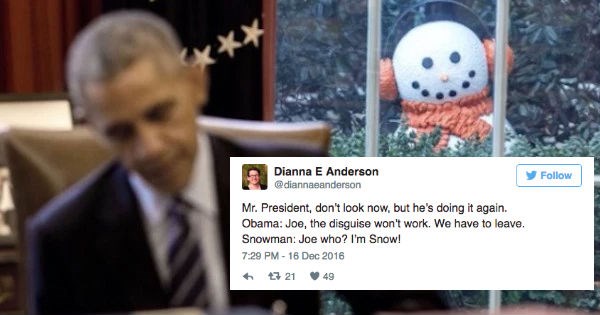 twitter,obama,White house,reactions,pranks,funny,joe biden,holidays,politics,snowman