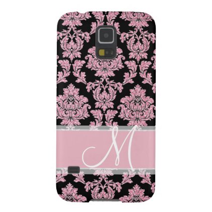 Pink Rose Gold glitter &amp; black damask, Monogram Galaxy S5 Case