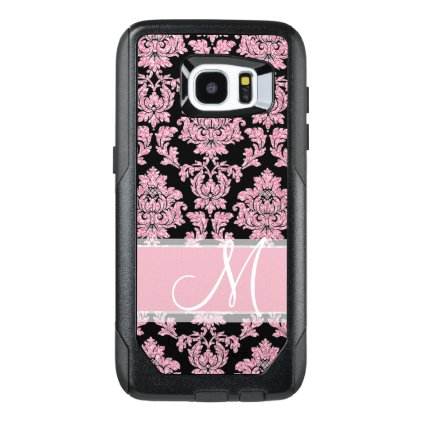 Pink Rose Gold glitter &amp; black damask, Monogram OtterBox Samsung Galaxy S7 Edge Case
