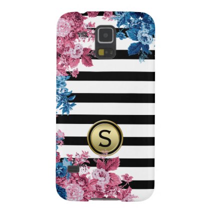 Black White Stripe Pink Blue Floral Monogram Galaxy S5 Case