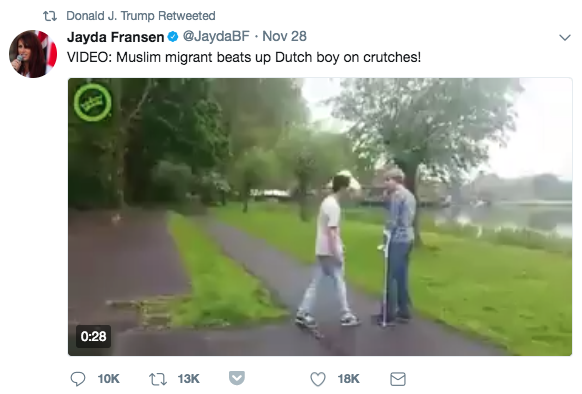 One of the videos, claiming to show a "Muslim migrant" assaulting a "Dutch boy on crutches," is false. But it lived for for months on pro-Trump Twitter accounts and in anti-Muslim fever swamps online. Here's the history of the the video's journey to the president's Twitter account.