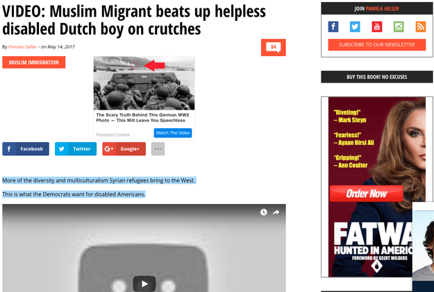 And the word "Muslim?" Just one day after the video appeared on the internet, anti-Muslim activist Pamela Geller posted the video on her website with the title: "VIDEO: Muslim Migrant beats up helpless disabled Dutch boy on crutches."